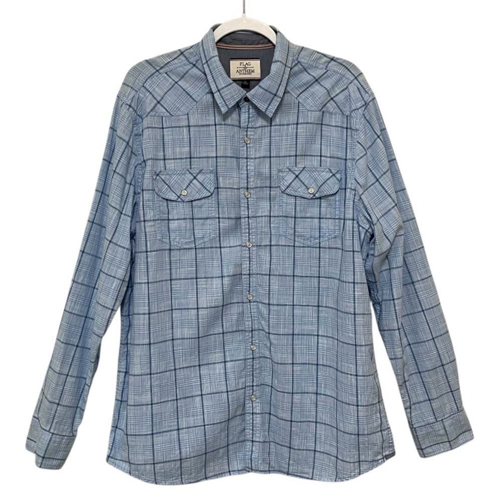 Flag & Anthem Western Snap Button Shirt Plaid Long Sleeve Cotton Blue Men XL